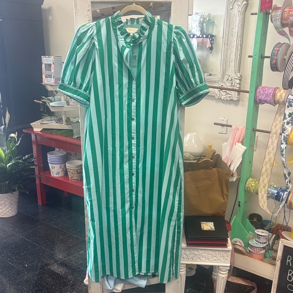 entro Green and White Vertical-Stripe Midi Dress